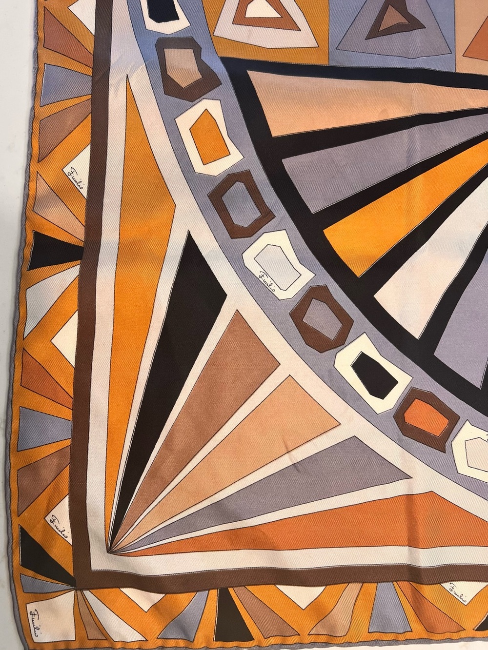 Vintage Pucci Silk Abstract Geometric Scarf in Orange, Brown and Gray - Picture 3 of 5